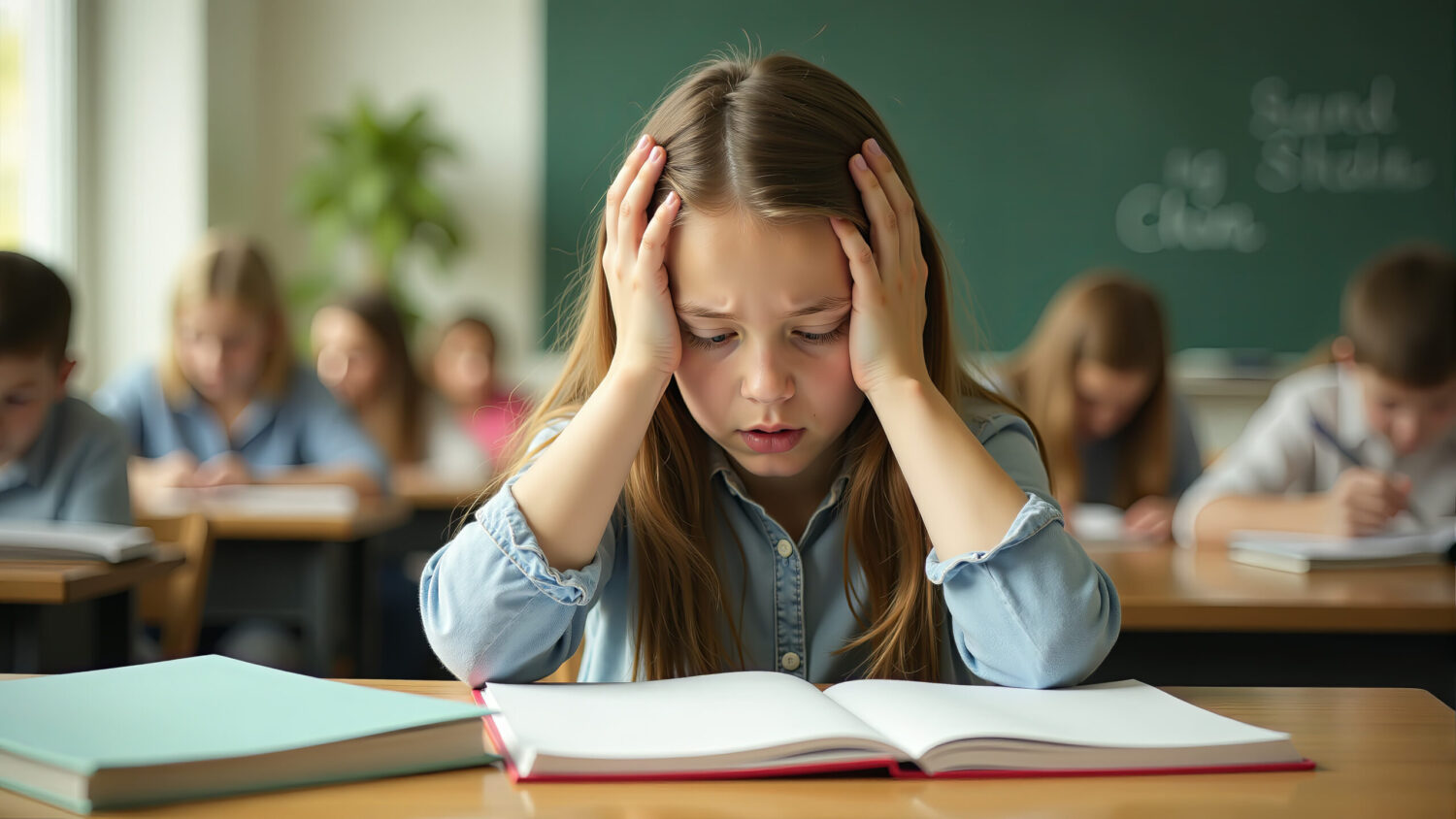 Frustrated Girl Studying In Classroom